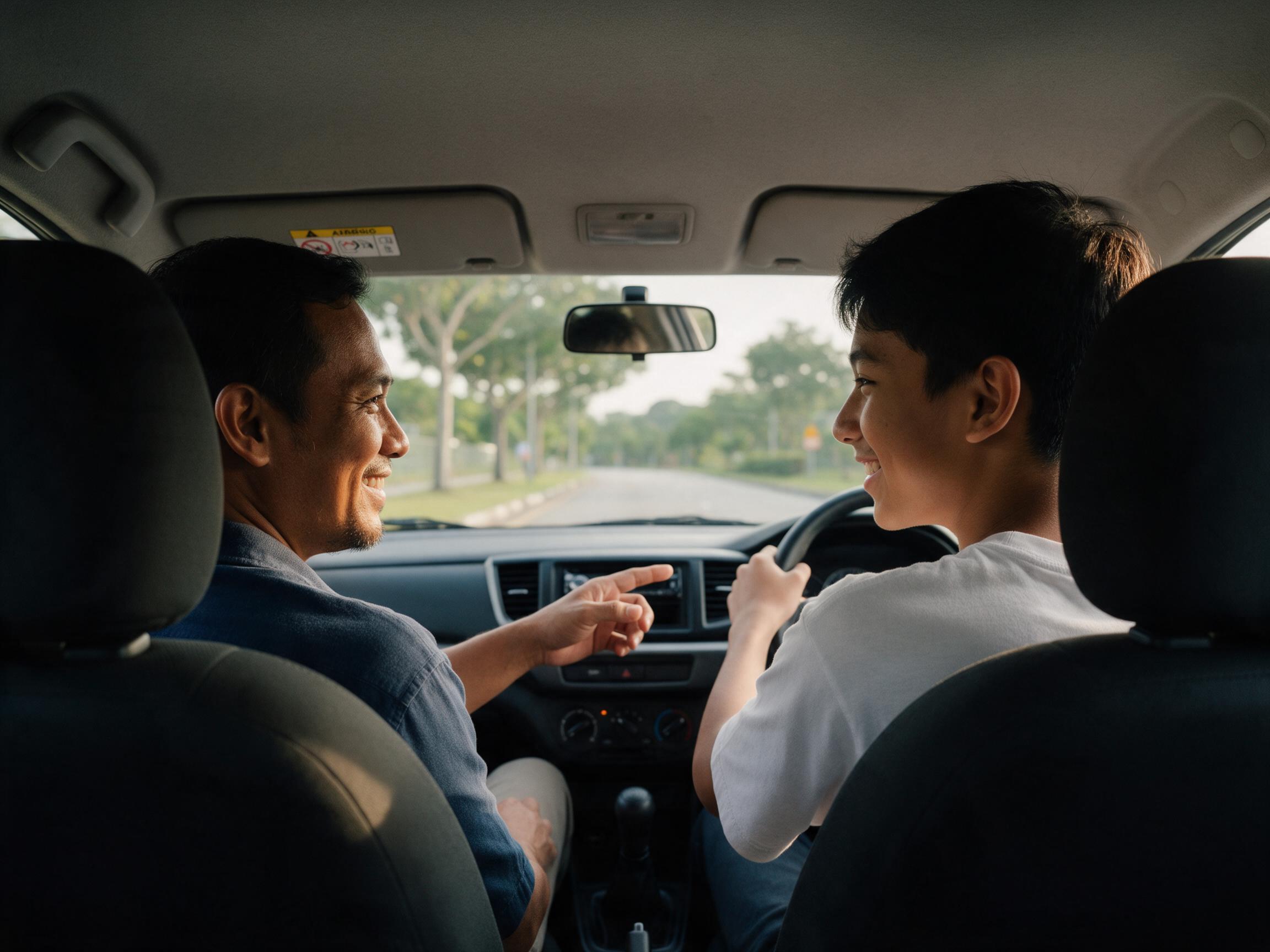 Parent and teen driver in a car, calm and smiling