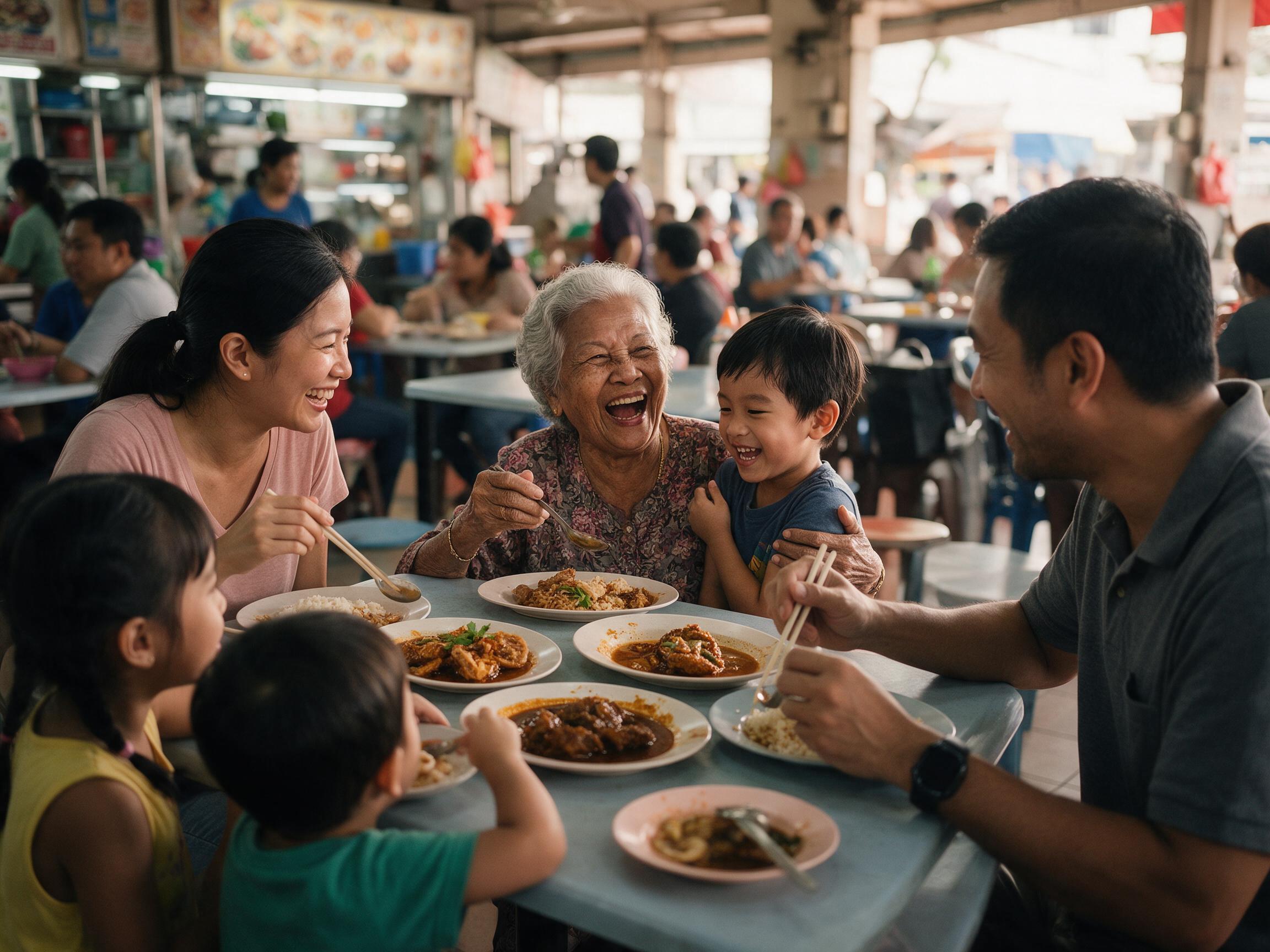 Three generations sharing dinner at a hawker centre