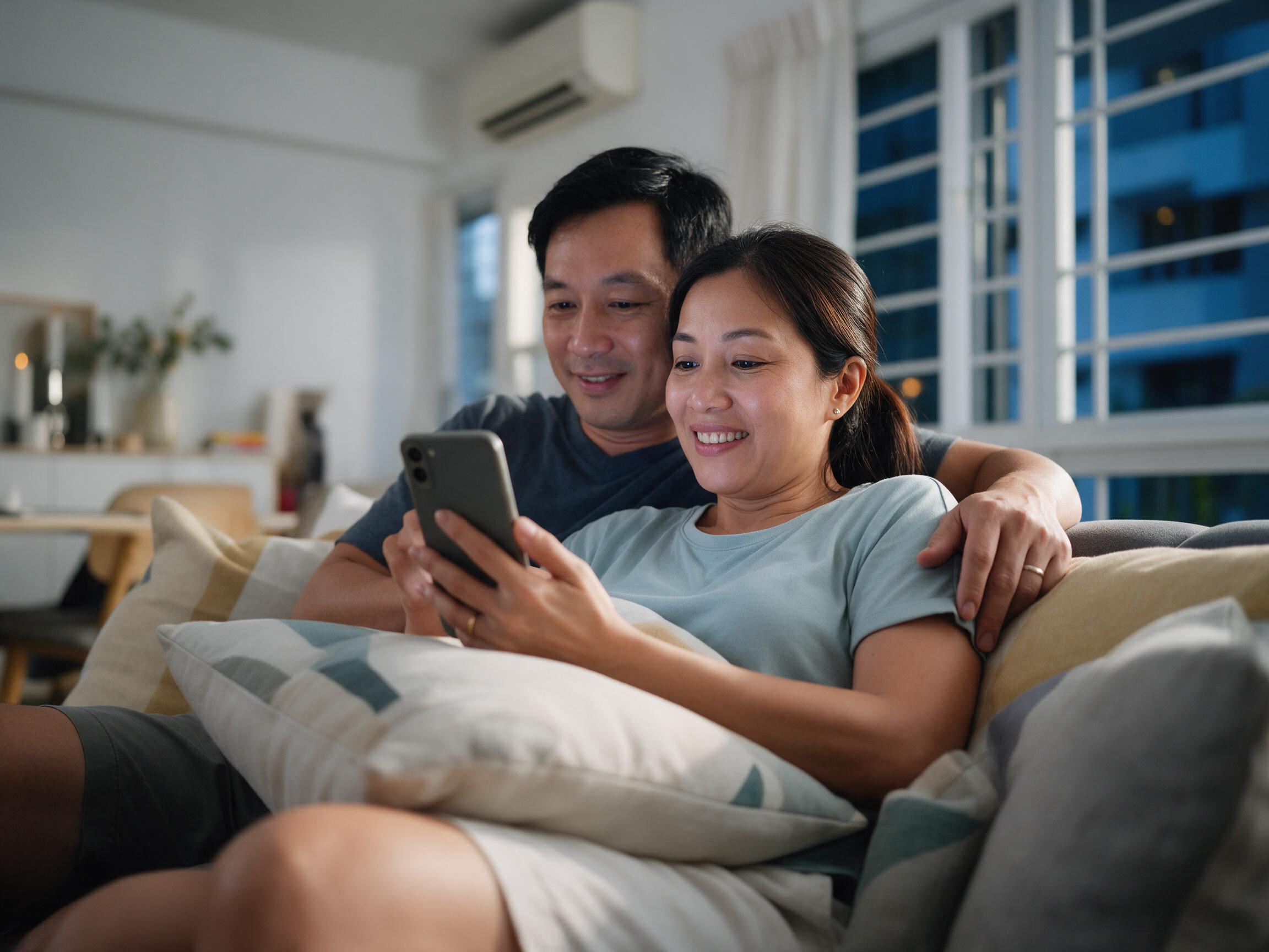 Parents relaxed on the sofa, phone showing the family map